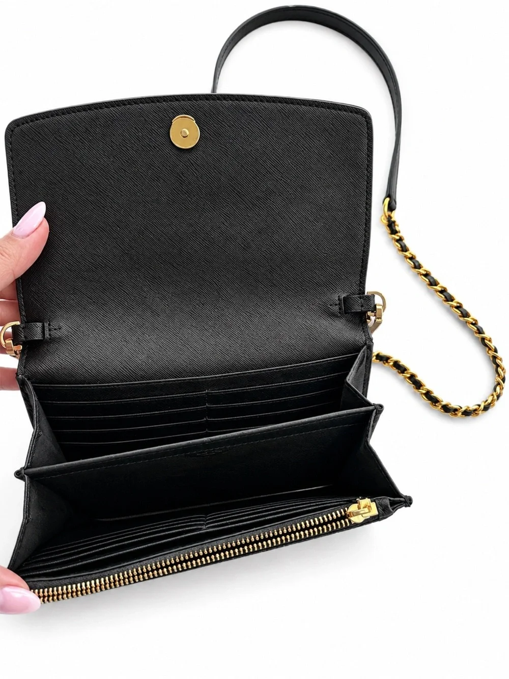 Tory Burch Black Leather Chain Strap Crossbody with Gold Logo